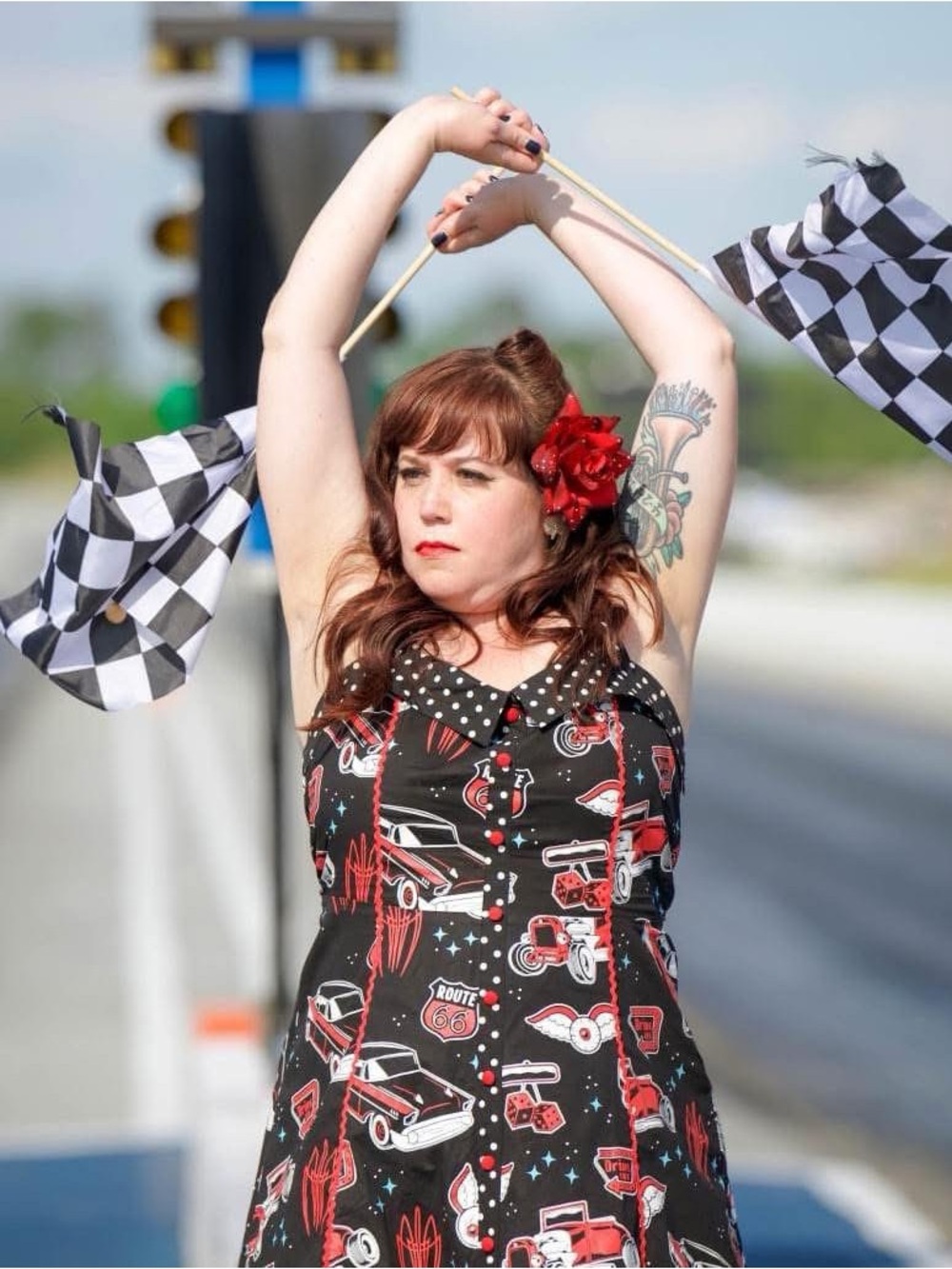 Sourpuss Black and Red HotRod Retro Route 66 Fit-and-Flare Dress RicRac trim
